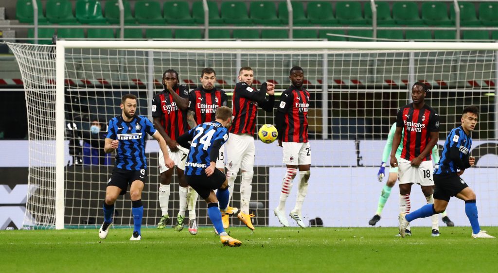 La punizione vincente di Eriksen in Coppa Italia contro il Milan